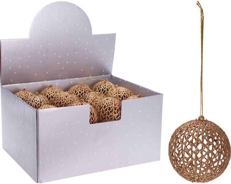 Merkloos Kerstboomversiering gouden draad kerstballen met glitters 9 cm Kerstbal