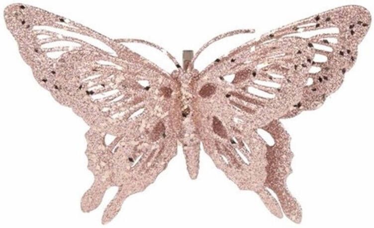 Merkloos Kerstboomversiering roze glitter vlinder op clip 15 cm