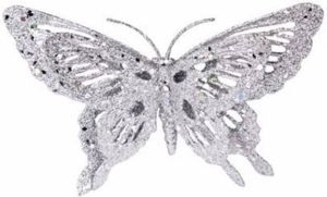 Merkloos Kerstboomversiering zilveren glitter vlinder op clip 15 cm