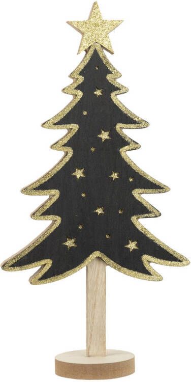 Merkloos Kerstdecoratie houten decoratie kerstboom zwart met gouden sterren B18 x H36 cm Houten kerstbomen