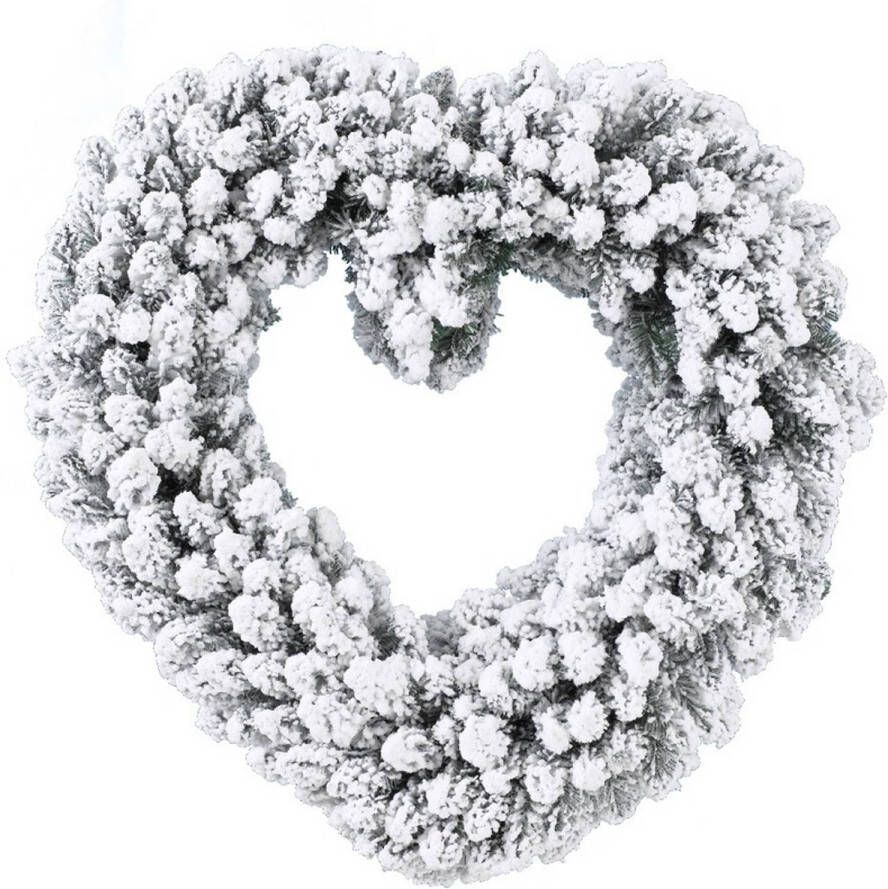 Merkloos Kerstdecoratie kerstkrans hart met nepsneeuw 50 cm Kerstkransen