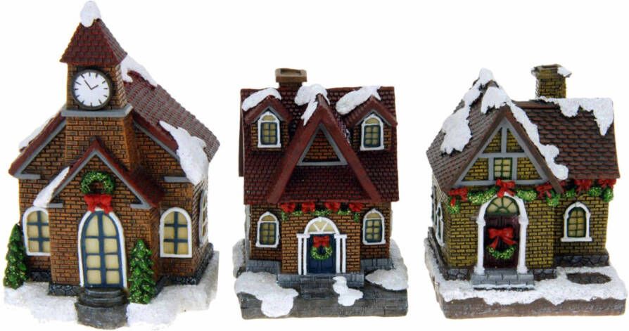 Merkloos Kerstdorp huisjes set van 3x huisjes met Led verlichting 13 cm Kerstdorpen