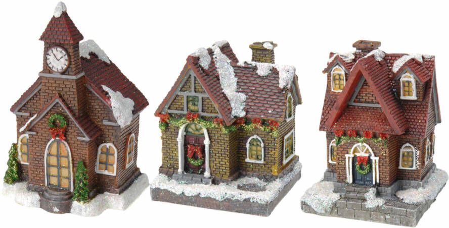 Merkloos Kerstdorp huisjes set van 3x huisjes met Led verlichting 13 cm Kerstdorpen