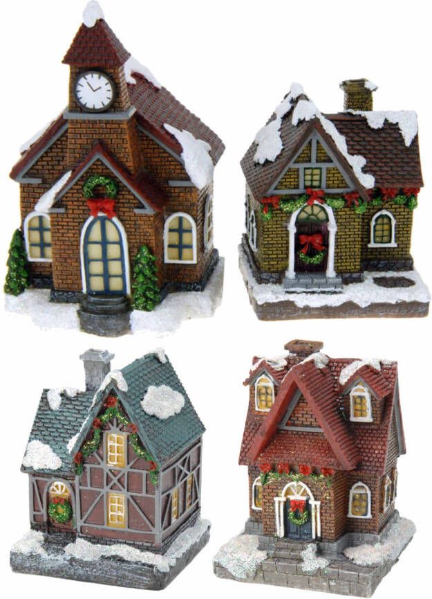 Merkloos Kerstdorp huisjes set van 4x huisjes met Led verlichting 13.5 cm Kerstdorpen