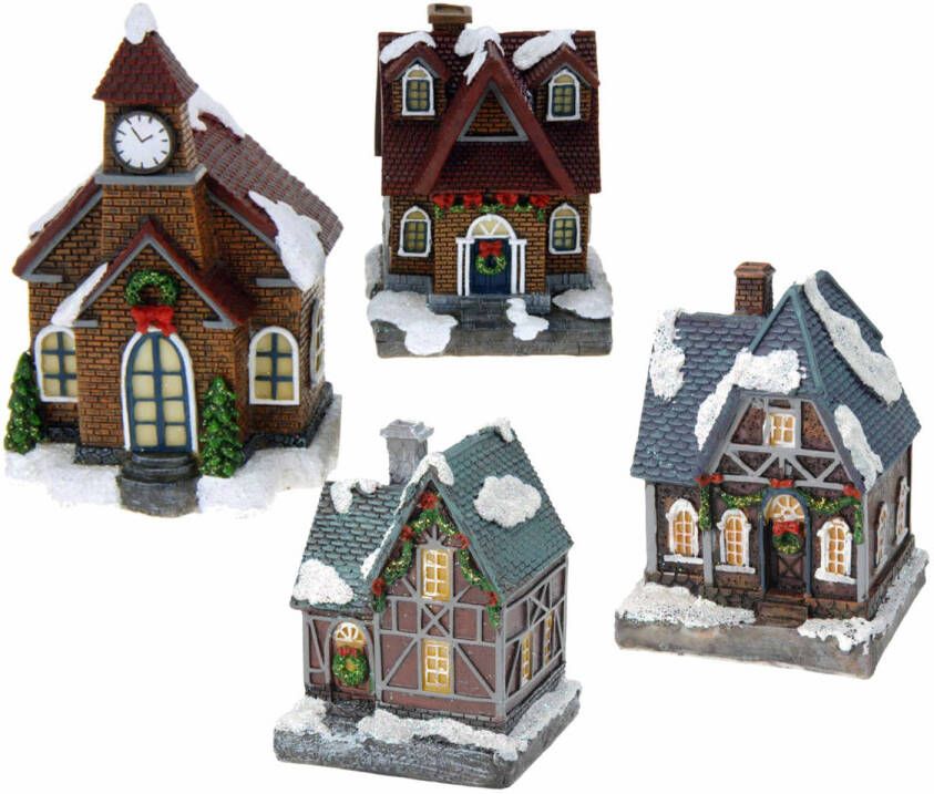 Merkloos Kerstdorp huisjes set van 4x huisjes met Led verlichting 13.5 cm Kerstdorpen
