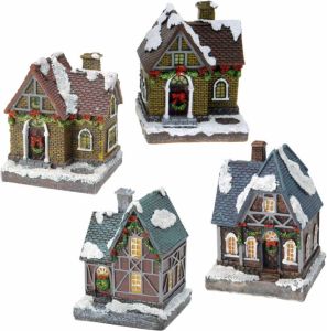 Merkloos Kerstdorp Huisjes Set Van 4x Huisjes Met Led Verlichting 13.5 Cm Kerstdorpen