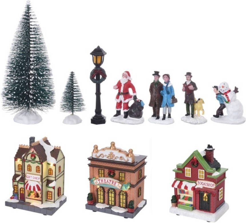 Merkloos Kerstdorp maken kersthuisjes winkels en figuren 17delig met LED lampjes Kerstdorpen