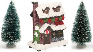 Merkloos Kerstdorp verlicht kersthuisje bakkerij 12 cm inclusief 2 kerstboompjes Kerstdorpen