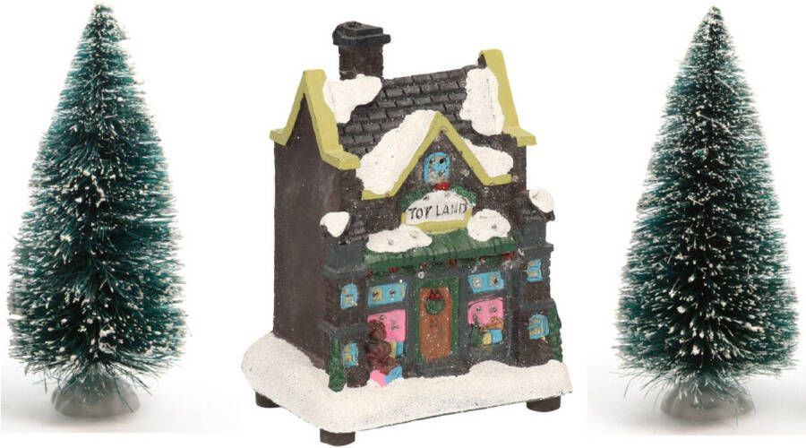 Merkloos Kerstdorp verlicht kersthuisje speelgoedwinkel 12 cm inclusief 2 kerstboompjes Kerstdorpen