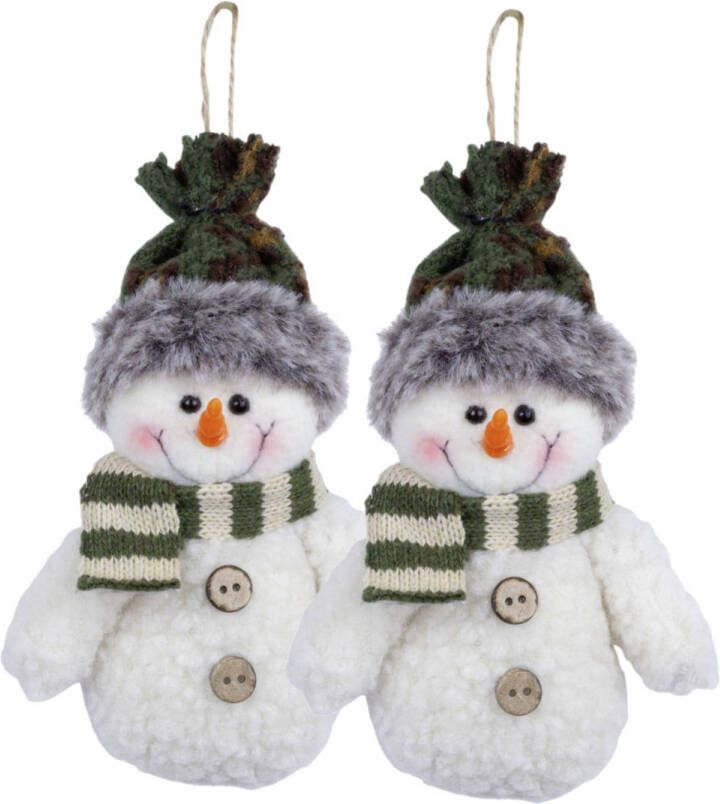 Merkloos Kersthanger pluche sneeuwpop knuffeltjes 2x 15 cm Kersthangers