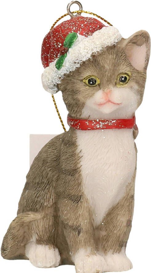 Merkloos Kersthangers grijze katten met kerstmuts 9 cm kerstversiering Kersthangers