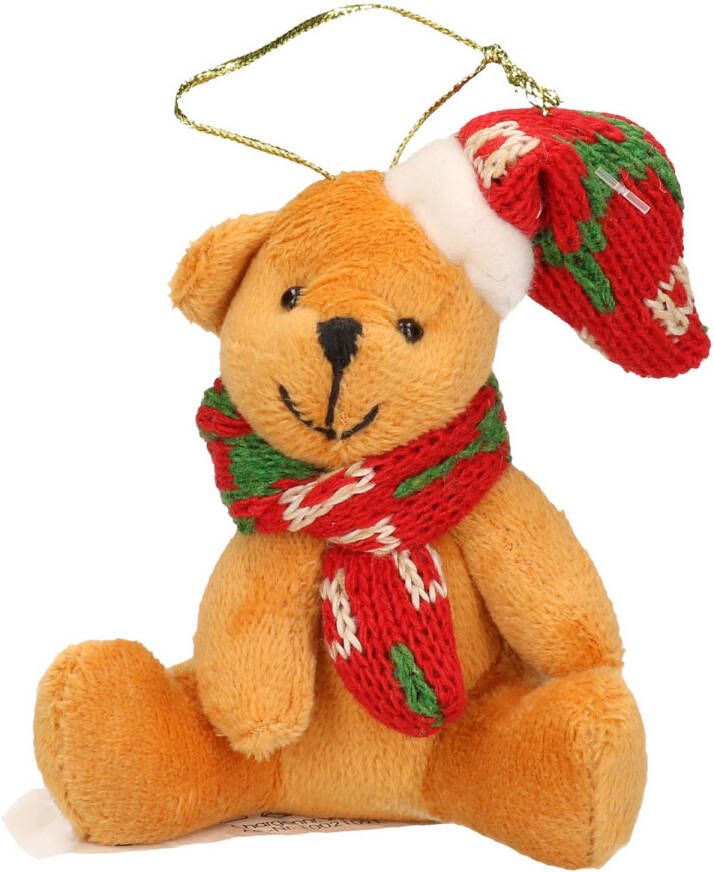 Merkloos Kersthangers knuffelbeertjes beige met gekleurde sjaal en muts 7 cm Kersthangers