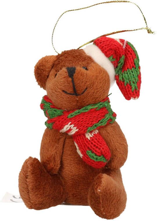 Merkloos Kersthangers knuffelbeertjes bruin met gekleurde sjaal en muts 7 cm Kersthangers