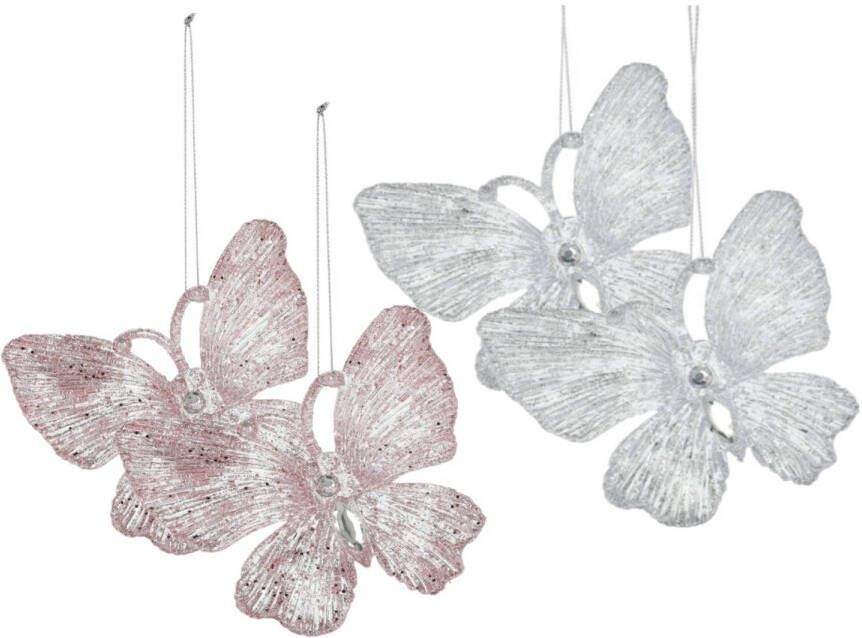 Merkloos Kersthangers vlinders -4x-transparant en roze -15cm -kunststof Kersthangers