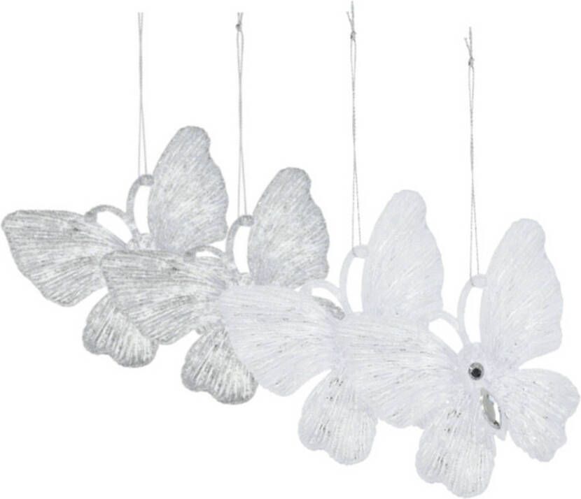 Merkloos Kersthangers vlinders -4x-transparant en wit -15cm -kunststof Kersthangers