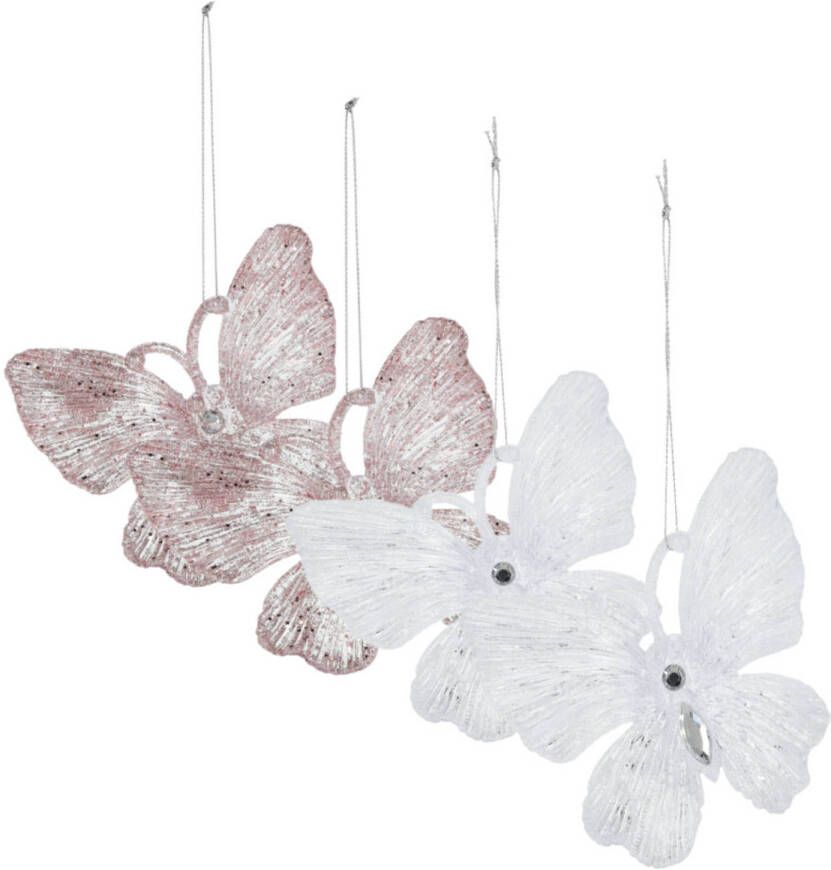 Merkloos Kersthangers vlinders -4x-transparant met roze en wit -15cm -kunststof Kersthangers