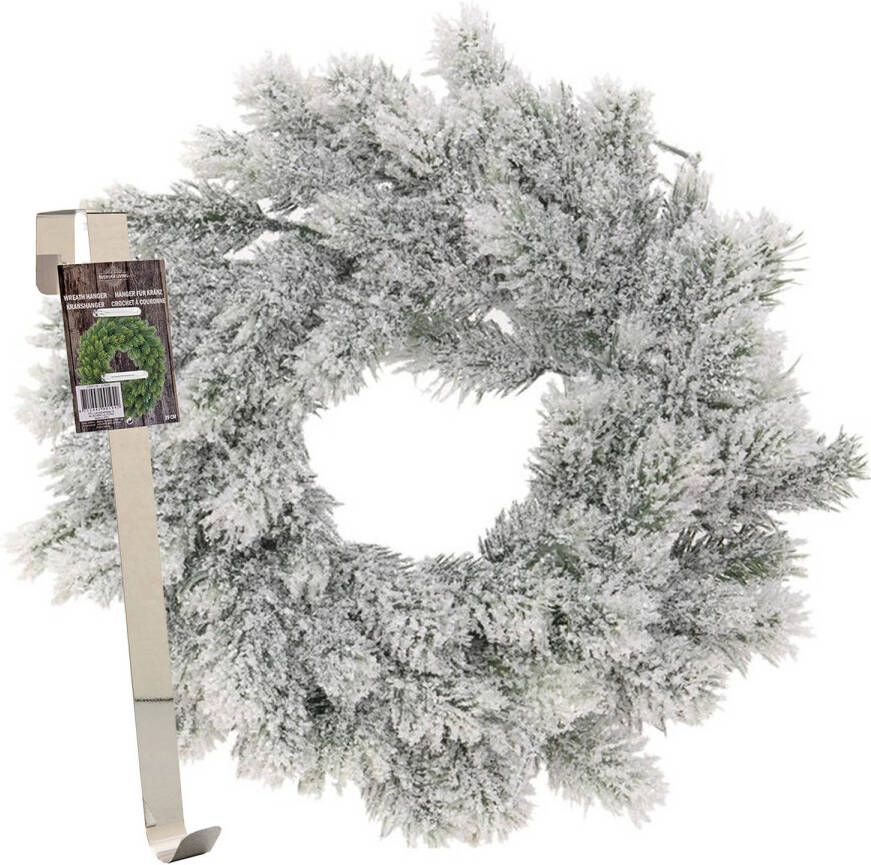 Merkloos Kerstkrans 35 cm groen besneeuwd met messing zilveren hanger ophanghaak kerstversiering Kerstkransen