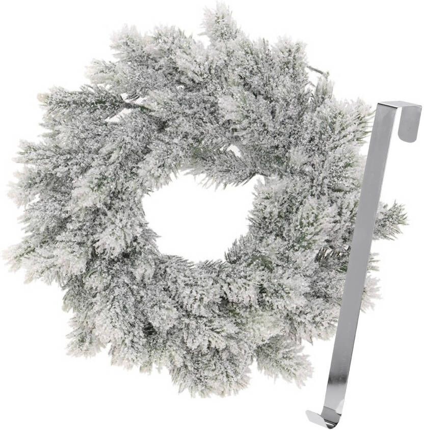 Merkloos Kerstkrans 35 cm groen besneeuwd met zilveren hanger ophanghaak kerstversiering Kerstkransen