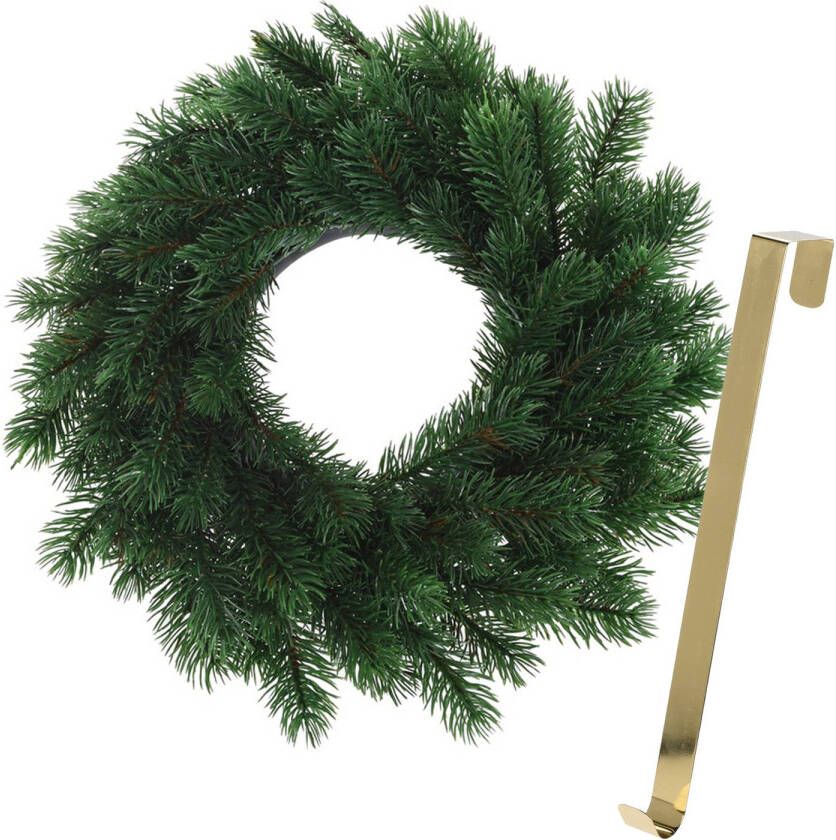 Merkloos Kerstkrans 35 cm groen met gouden hanger ophanghaak kerstversiering Kerstkransen