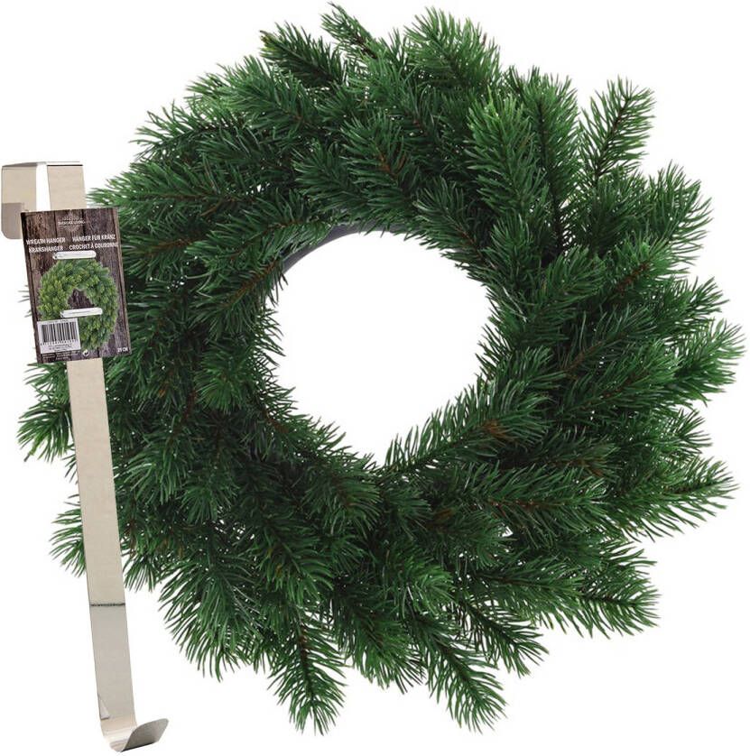 Merkloos Kerstkrans 35 cm groen met messing zilveren hanger ophanghaak kerstversiering Kerstkransen