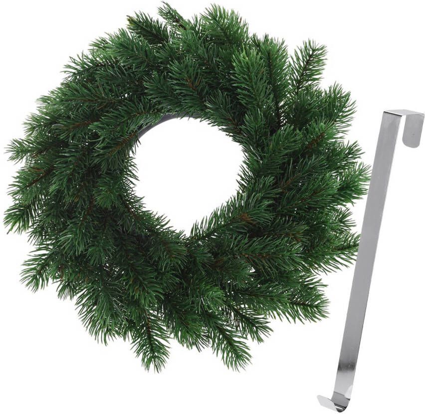 Merkloos Kerstkrans 35 cm groen met zilveren hanger ophanghaak kerstversiering Kerstkransen