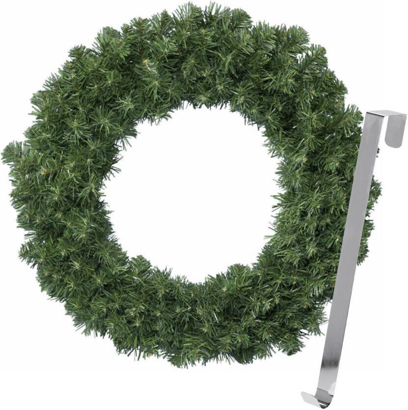 Merkloos Kerstkrans 35 cm groen met zilveren hanger ophanghaak kerstversiering Kerstkransen
