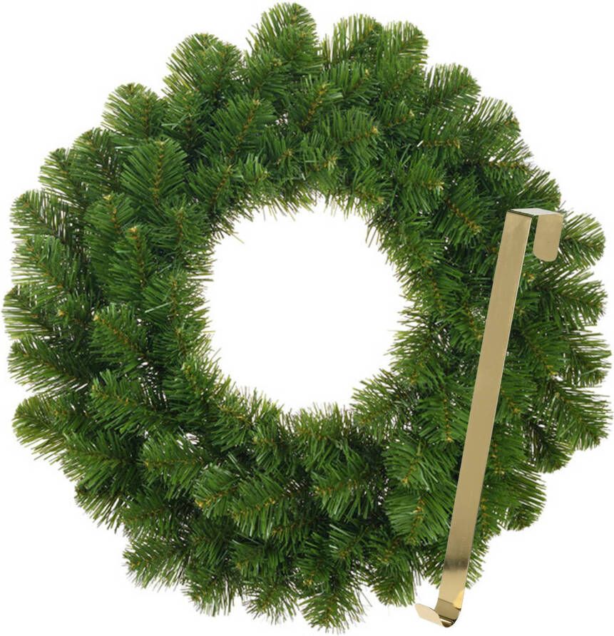 Merkloos Kerstkrans 45 cm groen met gouden hanger ophanghaak kerstversiering Kerstkransen
