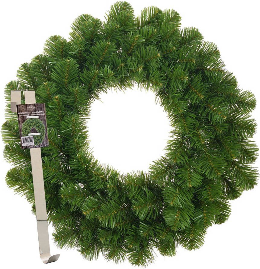 Merkloos Kerstkrans 45 cm groen met messing zilveren hanger ophanghaak kerstversiering Kerstkransen