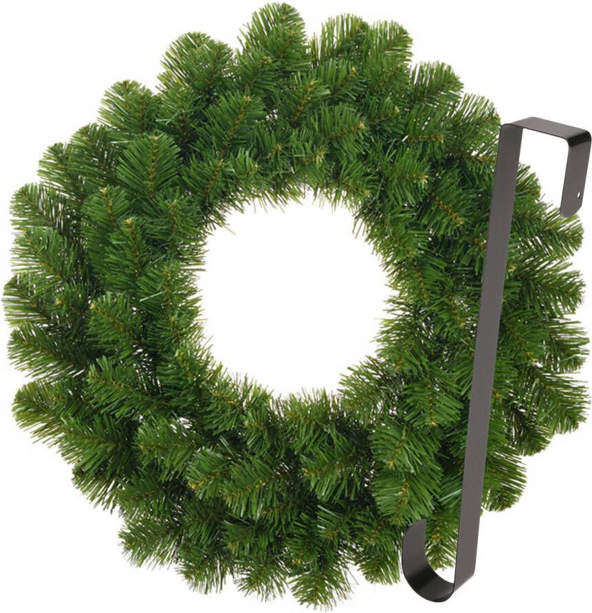 Merkloos Kerstkrans 45 cm groen met zwarte hanger ophanghaak kerstversiering Kerstkransen