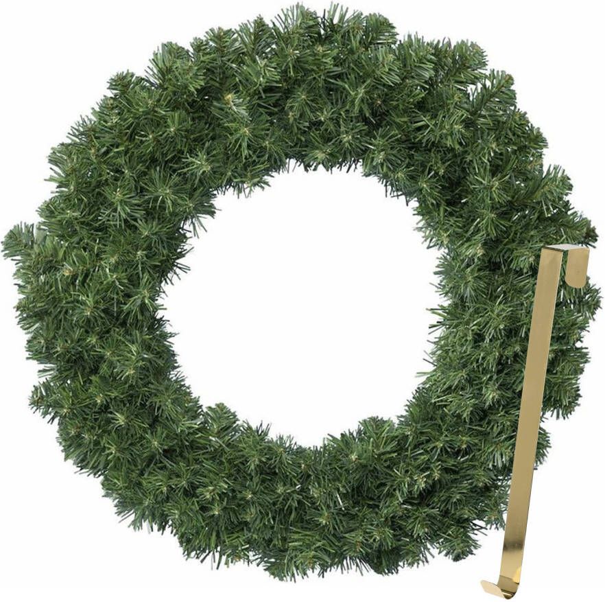Merkloos Kerstkrans 50 cm groen met gouden hanger ophanghaak kerstversiering Kerstkransen