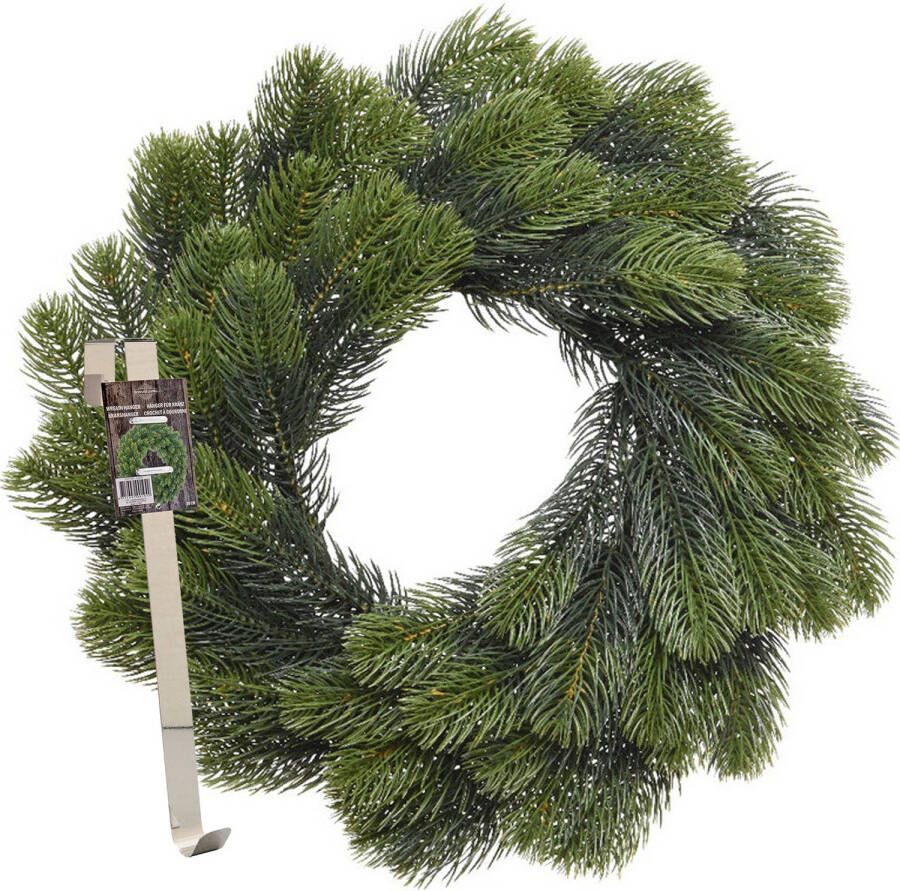 Merkloos Kerstkrans 50 cm groen met messing zilveren hanger ophanghaak kerstversiering Kerstkransen