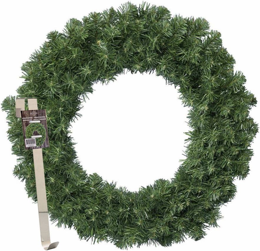 Merkloos Kerstkrans 50 cm groen met messing zilveren hanger ophanghaak kerstversiering Kerstkransen