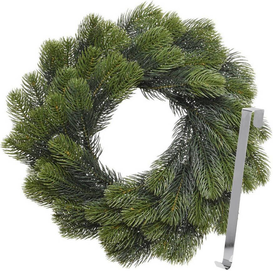 Merkloos Kerstkrans 50 cm groen met zilveren hanger ophanghaak kerstversiering Kerstkransen