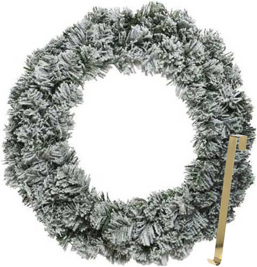 Merkloos Kerstkrans 60 cm groen besneeuwd met gouden hanger ophanghaak kerstversiering Kerstkransen