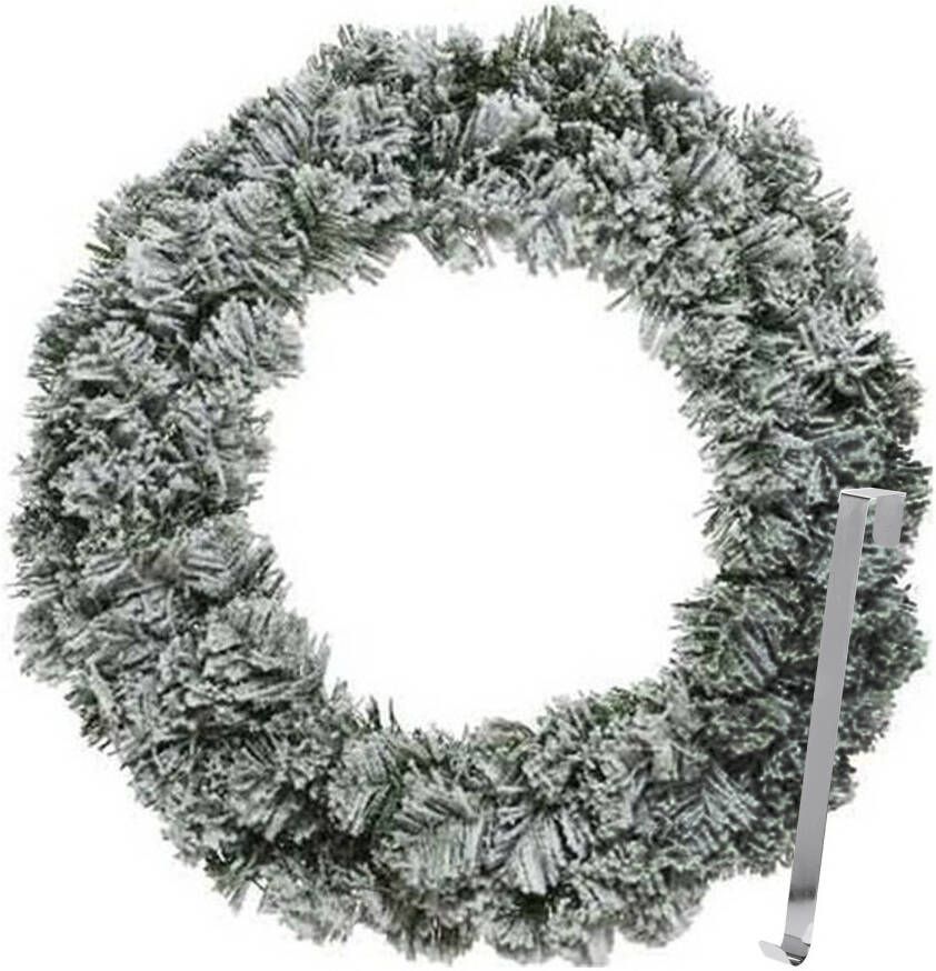 Merkloos Kerstkrans 60 cm groen besneeuwd met zilveren hanger ophanghaak kerstversiering Kerstkransen