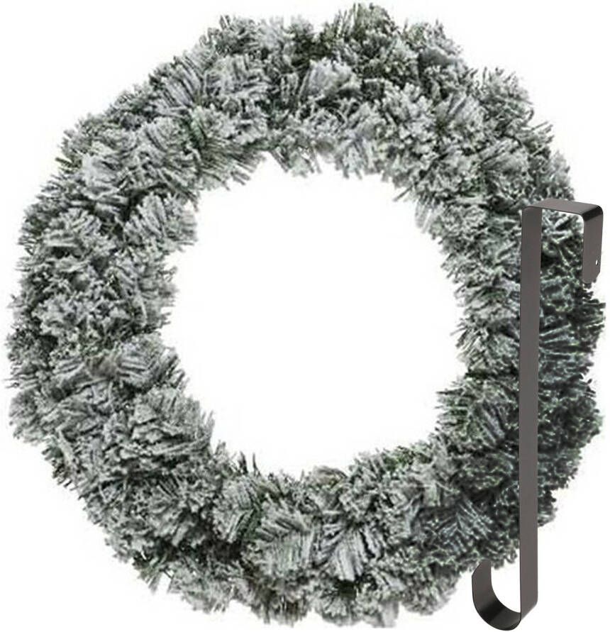 Merkloos Kerstkrans 60 cm groen besneeuwd met zwarte hanger ophanghaak kerstversiering Kerstkransen