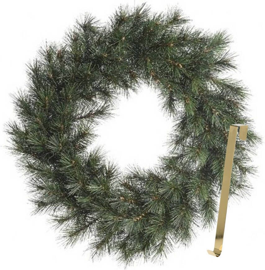Merkloos Kerstkrans 60 cm groen met gouden hanger ophanghaak kerstversiering Kerstkransen