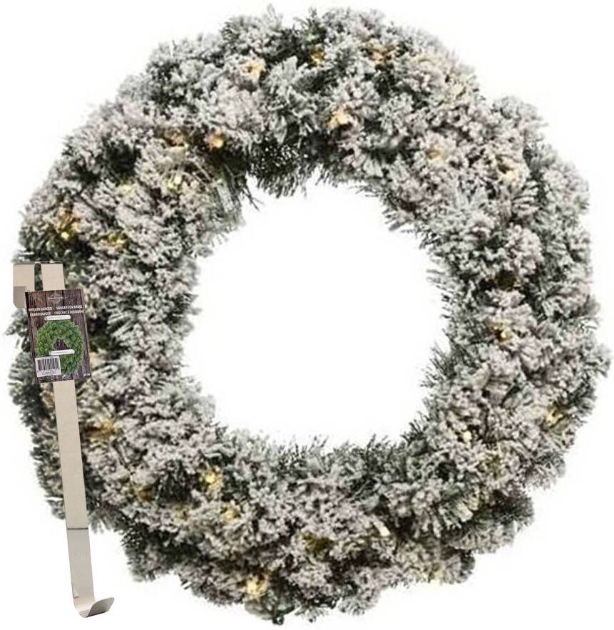 Merkloos Kerstkrans 60 cm groen met led besneeuwd met messing zilveren hanger ophanghaak Kerstkransen