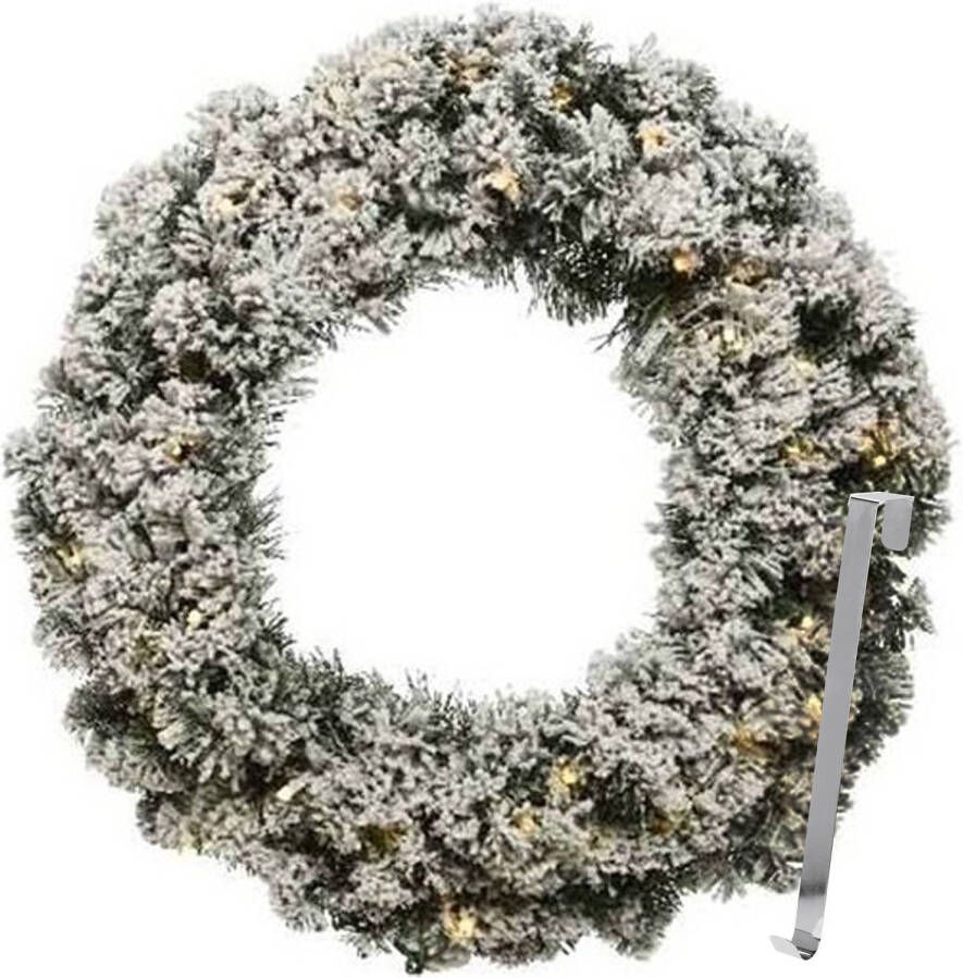 Merkloos Kerstkrans 60 cm groen met led besneeuwd met zilveren hanger ophanghaak Kerstkransen