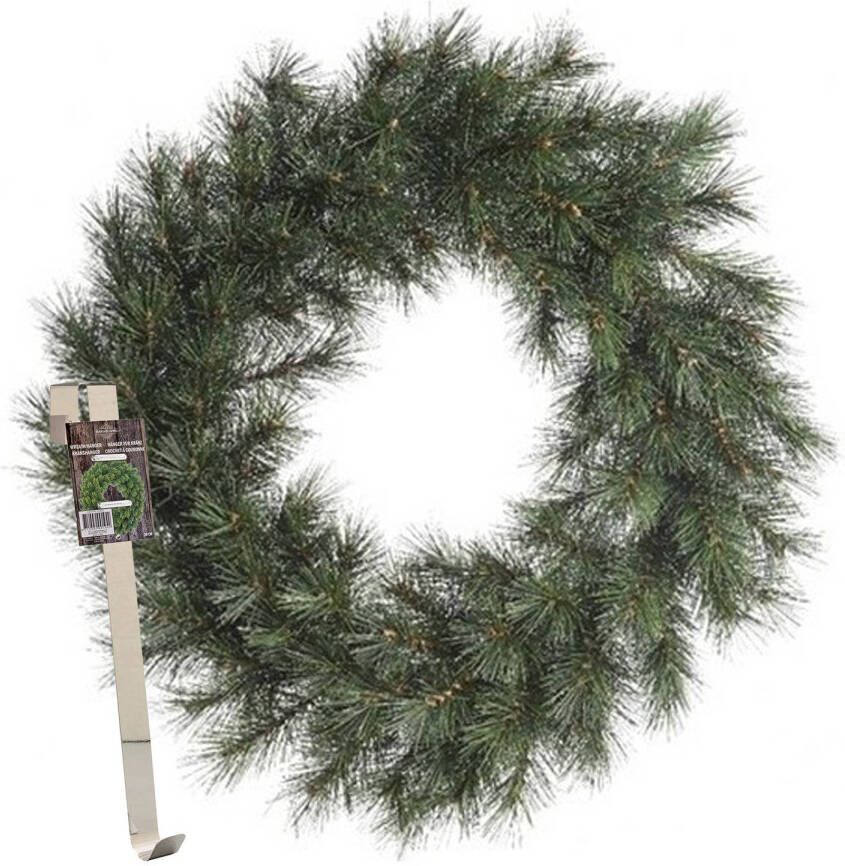 Merkloos Kerstkrans 60 cm groen met messing zilveren hanger ophanghaak kerstversiering Kerstkransen