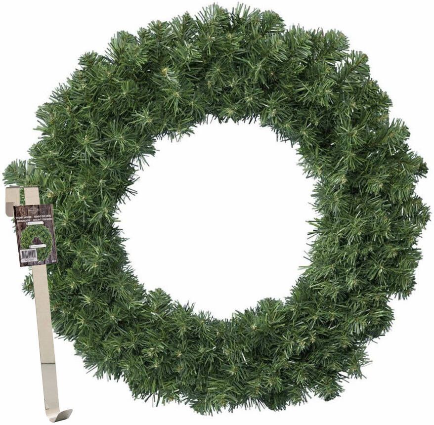 Merkloos Kerstkrans 60 cm groen met messing zilveren hanger ophanghaak kerstversiering Kerstkransen