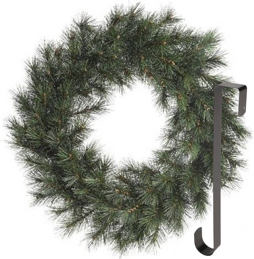 Merkloos Kerstkrans 60 cm groen met zwarte hanger ophanghaak kerstversiering Kerstkransen