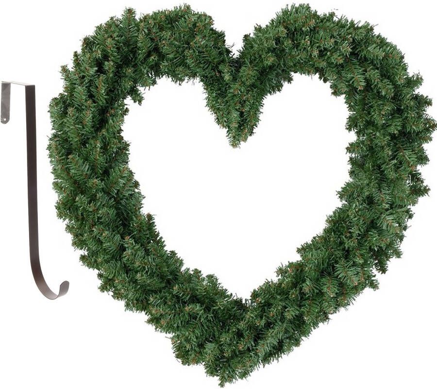 Merkloos Kerstkrans hart vorm groen 50 cm kunststof incl. deurhanger Kerstkransen