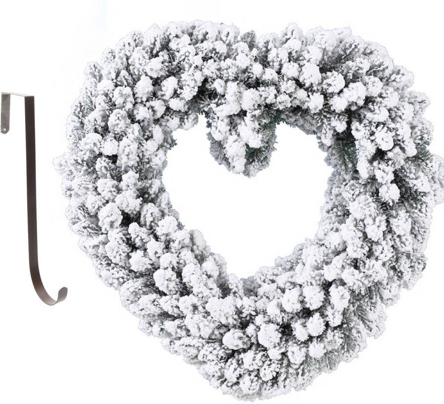Merkloos Kerstkrans hart vorm met sneeuw 50 cm kunststof incl. deurhanger Kerstkransen