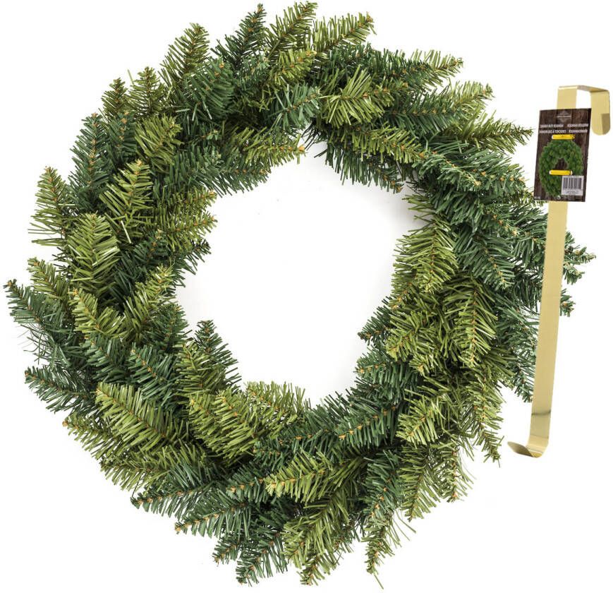 Merkloos Kerstkrans dennenkrans groen incl. hanger 27 cm- D40 cm -kunststof Kerstkransen