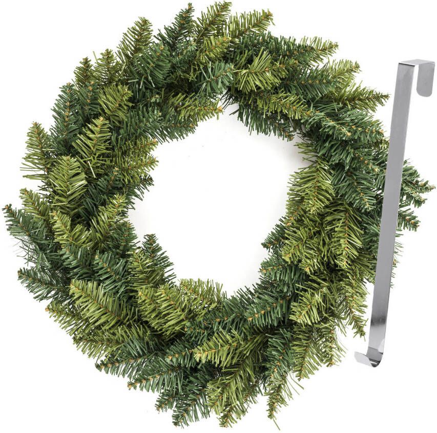 Merkloos Kerstkrans dennenkrans groen incl. hanger D40 cm kunststof Kerstkransen