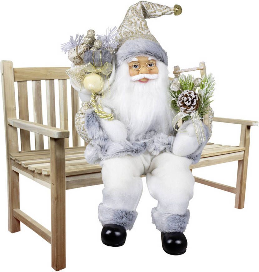 Merkloos Kerstman beeld H45 cm wit zittend kerstpop Kerstman pop