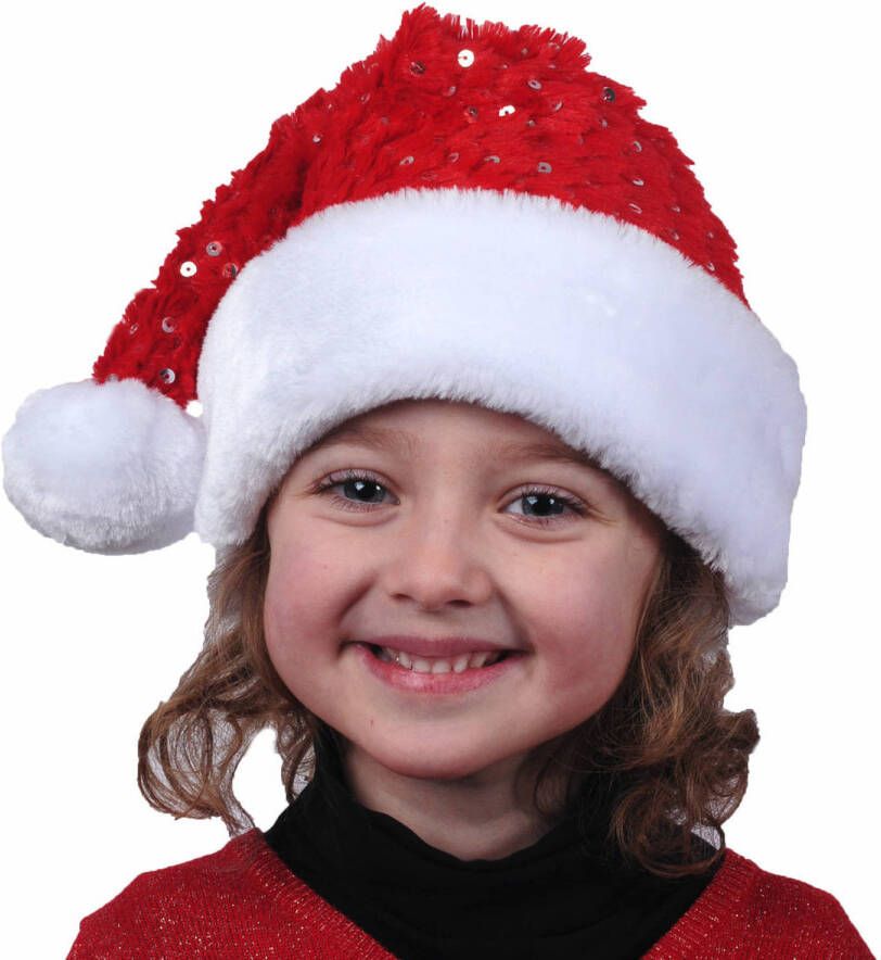 Merkloos kerstmutsen 2x rood met pailletten- polyester voor kinderen Kerstmutsen