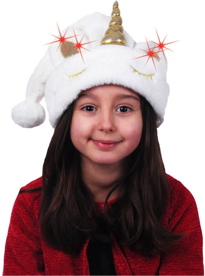 Merkloos Kerstmutsen 2x stuks wit eenhoorn met licht voor kinderen Kerstmutsen