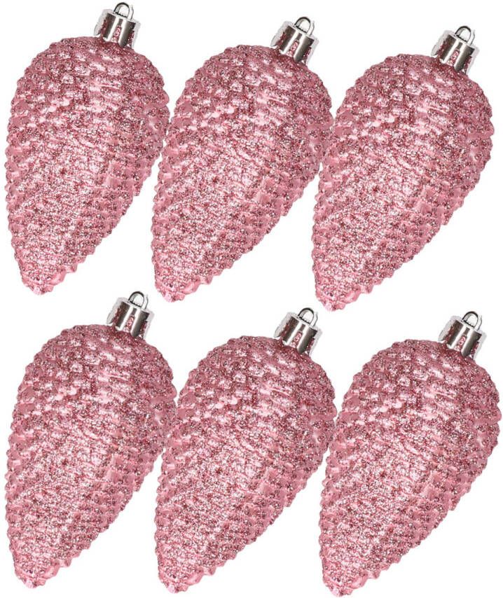 Decoris Kerstornamenten kunststof dennenappels 6x stuks roze glitter 8 cm Kersthangers